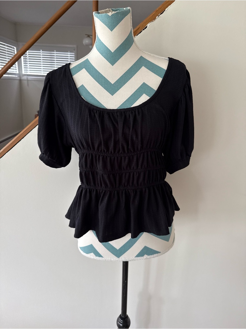 Maeve Black Smocked Peplum Scoop Neck Blouse
